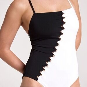 Calia Women's Looped Apron Neck Black/White‎ Size 16 Tummy Control Swimsuit NWT